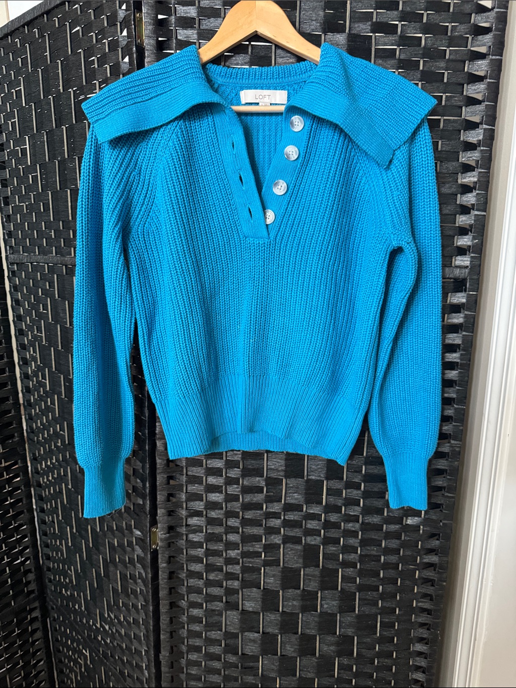 Loft Women's Vibrant Teal Blue Button-Neck Ribbed Sweater